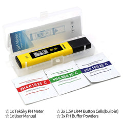 TekSky Digital pH Meters - 0.01pH Accuracy, 0-60 Celsius, 0-14 PH Measurement Range - Food Brewing Drinking Hydroponics Aquariums Pools Spa - Calibration Powders, Sensitive Probe Design with ATC