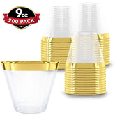 PRESTEE 200 Gold Plastic Cups | 9 oz | Hard Disposable Cups | Plastic Wine Cups | Plastic Cocktail Glasses | Plastic Drinking Cups | Bulk Party Cups | Wedding Tumblers | Clear Plastic Cups With Gold Rim