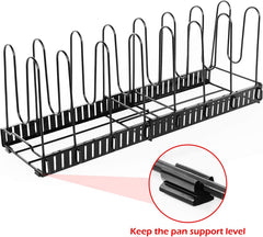 Duerer Pan Rack Organizer, Extensible Pots and Pans Organizer with 4 DIY Methods, 14 Non-Slip Tiers Adjustable Height and Position, Black Metal Pot Pan Rack for Kitchen Cabinet Organizer and Storage