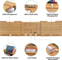 BEEBO BEABO Bamboo Dual Monitor Stand Riser Desk Organizer, Adjustable Length and Angle, Multifunctional Storage Stand for Computer, Laptop, TV with Slot for Tablet, Phone, Earbuds, Pen
