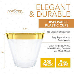 PRESTEE 200 Gold Plastic Cups | 9 oz | Hard Disposable Cups | Plastic Wine Cups | Plastic Cocktail Glasses | Plastic Drinking Cups | Bulk Party Cups | Wedding Tumblers | Clear Plastic Cups With Gold Rim