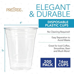 PRESTEE 200 Clear Plastic Cups | 16 oz Plastic Cups | Clear Disposable Cups | PET Cups | Plastic Water Cups | Plastic Beer Cups | Clear Plastic Party Cups |Crystal Clear Cups