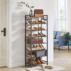 QYQBOON Shoe Storage Organiser, Shoe Rack, 8 Tiers for 14 Pairs of Shoes, 53x30x135cm, Versatile Metal Shelves with 4 Hooks, Space Saver, for Hallway, Bedroom, Living Room, Rustics Brown, TXJ081H