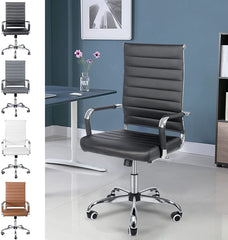 LUCKWIND Office Chair Desk Computer Ribbed Modern - Adjustable Height Ergonomic Leather Tilt Arm Sleeves Lumbar Support High Back Executive Meeting Conference Chrome Wheel Caster 350lbs Cushioned Big(White)