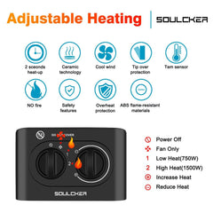 Soulcker Space Heater, Portable Heater With 750W/1500W Power Setting, 2 Seconds Heat-up, Tip-over and Over-heat Protection, Ceramic Small Space Heater for Office, Home, Indoor Use - Black