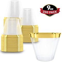 PRESTEE 200 Gold Plastic Cups | 9 oz | Hard Disposable Cups | Plastic Wine Cups | Plastic Cocktail Glasses | Plastic Drinking Cups | Bulk Party Cups | Wedding Tumblers | Clear Plastic Cups With Gold Rim