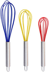 TEEVEA Silicone Whisk, Balloon Whisk Set, Wire Whisk, Egg Frother, Milk and Egg Beater Blender - Kitchen Utensils for Blending, Whisking, Beating, Stirring, Set of 3, Red,Yellow, Blue