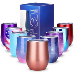 NEWBEA 12 oz Wine Tumbler with Lid, Double Wall Vacuum Insulated Stemless Glass,Stainless Steel Wine Cup Perfect for Wine,Coffee,Drinks,Champagne,Cocktails