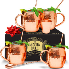 Benicci Moscow Mule Copper Mugs - 100% HCNDCRAFTED - Food Safe Pure Solid Unlined Copper Mug 16 oz Gift Set with BONUS: Highest Quality Cocktail Copper Straws, Shot Glass and Spoon (Set of 4)