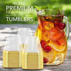PRESTEE 200 Gold Plastic Cups | 9 oz | Hard Disposable Cups | Plastic Wine Cups | Plastic Cocktail Glasses | Plastic Drinking Cups | Bulk Party Cups | Wedding Tumblers | Clear Plastic Cups With Gold Rim