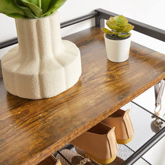 QYQBOON Shoe Storage Organiser, Shoe Rack, 8 Tiers for 14 Pairs of Shoes, 53x30x135cm, Versatile Metal Shelves with 4 Hooks, Space Saver, for Hallway, Bedroom, Living Room, Rustics Brown, TXJ081H