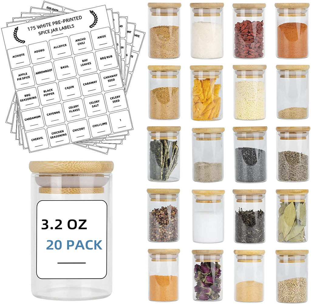 Bloomondo Empty Spice Jars with Label Pack (12x Bamboo Lid Glass Jar). Small 6oz Spice Storage Bottles with 112 Printed Spice Stickers and 48