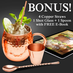 Benicci Moscow Mule Copper Mugs - 100% HCNDCRAFTED - Food Safe Pure Solid Unlined Copper Mug 16 oz Gift Set with BONUS: Highest Quality Cocktail Copper Straws, Shot Glass and Spoon (Set of 4)