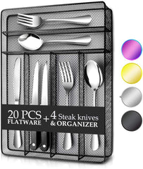 KaryHome 24 Piece Silverware Teivio Set, Flatware Utensils Set Mirror Polished, Dishwasher Safe Service for 4, Include Knife/Fork/Spoon/Steak Knife/Wire Mesh Steel Cutlery Holder Storage Trays (Silver)