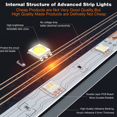 HRDJ Smart WiFi LED Lights for Bedroom, 65.6FT 600LEDs Double PCB Heat Resisting, RGB Music Sync 5050 Strip Lights Work with Alexa and Google Assistant, Remote App, 24Key Control for Home Party