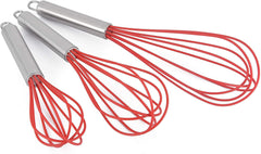 TEEVEA Set of 3 Multi-Color Silicone whisks with stainless steel handles. Milk & Egg Beater Balloon Metal Whisk for Blending, Whisking, Beating and Stirring