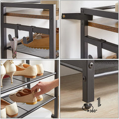 QYQBOON Shoe Storage Organiser, Shoe Rack, 8 Tiers for 14 Pairs of Shoes, 53x30x135cm, Versatile Metal Shelves with 4 Hooks, Space Saver, for Hallway, Bedroom, Living Room, Rustics Brown, TXJ081H