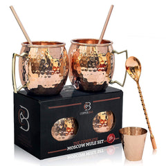 Moscow Mule Copper Mugs - Set of 2-100% HCNDCRAFTED Pure Solid Copper Mugs - 16 Oz, Gift Set With Cocktail Copper Straws, Shot Glass, Stirrer & 2 E-Books by Copper-Bar