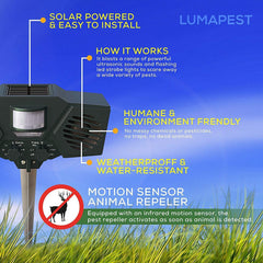 Lumapest Ultrasonic Outdoor Pest & Animal Repeller Upgraded Version - Solar Powered Motion Activated Sensor - Humane, Eco-Friendly - Effective Pest & Animal Management Without Traps or Chemicals
