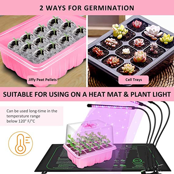 HomeBuddy Seed Starting Trays, 10 Pack 120 Cells Thicken Seed Starter Tray Kit with Humidity Dome/Heightened Lids Durable Growing Trays for Greenhouse & Gardens, Pink