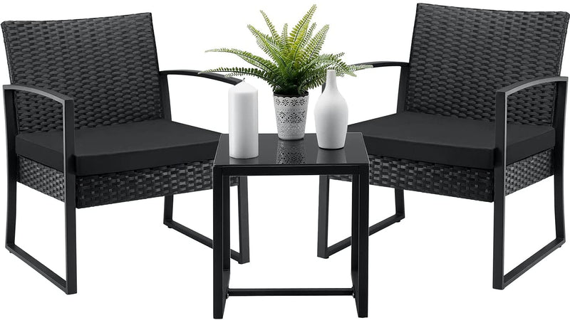 AOTOB 3 Pieces Patio Set Outdoor Wicker Patio Furniture Sets Modern Bistro Set Rattan Chair Conversation Sets with Coffee Table for Yard and Bistro (Black)