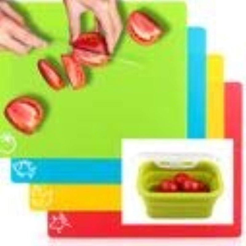 Extra Thick - Extra LARGE - Flexible Plastic Cutting Board Mats for kitchen - set of 4 - Color coded - food icons + Silicone Collapsible folding lunch box container 350ml - LaPomelo (Green)