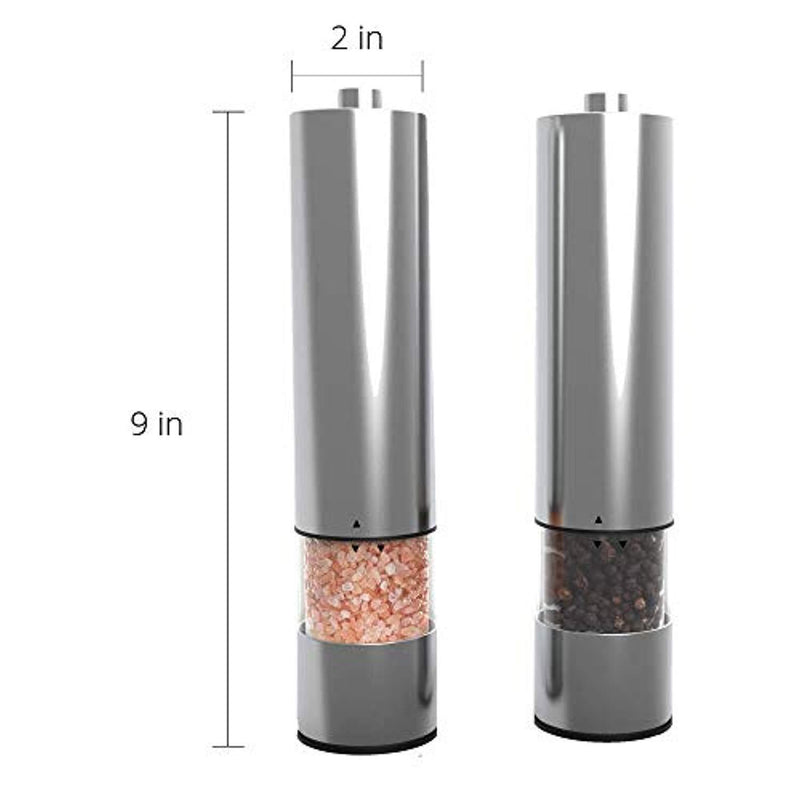 Electric Salt and Pepper Grinder Set | Battery Operated | Electronic Pepper Shakers (2) | Adjustable Coarseness Level | One Handed Use | Stainless Steel Mills | Automatic LED Light | Ma Maison Co