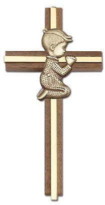 Praying Boy Walnut Wood Gold Inlay 6 Inch Wall Cross First Holy Communion Gifts by Christian Living