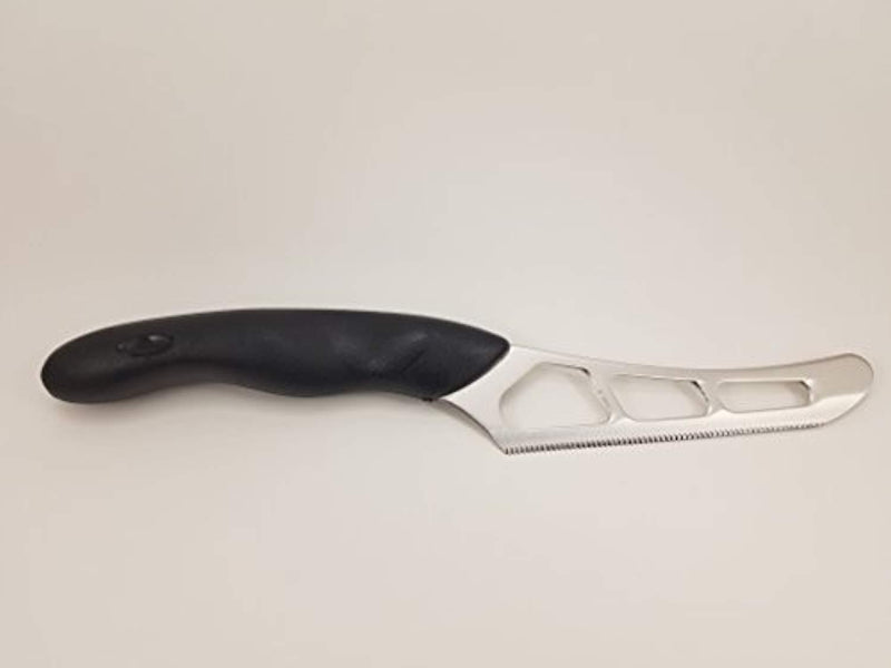 Model 1504 CUTCO Cheese Knife w/ 5.5" Micro-D® serrated edge blade & 5" black Soft Comfort-grip handle. Holes on blade’s surface helps cheese fall away during cutting.