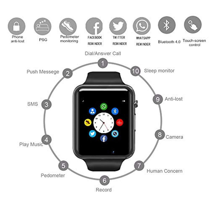 Bluetooth Smart Watch - Wzpiss Smartwatch Touch Screen Wrist Watch with Camera/HCM Card Slot Compatible with iOS iPhones Android Samsung for Kids Women and Men (Black)