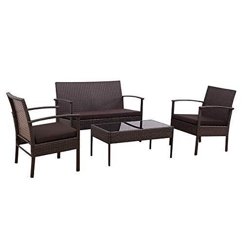 Tangkula 4 Piece Outdoor Furniture Set Patio Garden Pool Lawn Rattan Wicker Loveseat Sofa Cushioned Seat & Glass Top Coffee Table Modern Wicker Rattan Conversation Set (Brown)