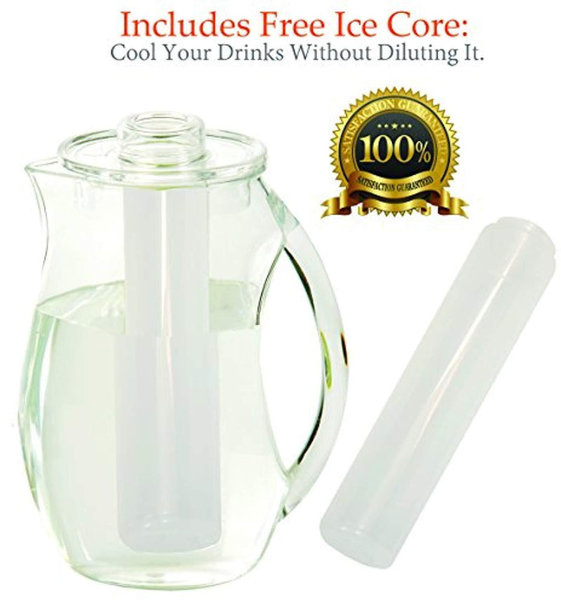 Chef’s INSPIRATIONS Fruit Infusion Water Pitcher. 2.9 Quart (2.75 Liters). Best For Infused Lemon, Fruit, Herbs Or Tea Beverages. Shatterproof Acrylic. Includes Ice Core & Bonus Infuser Recipe eBook