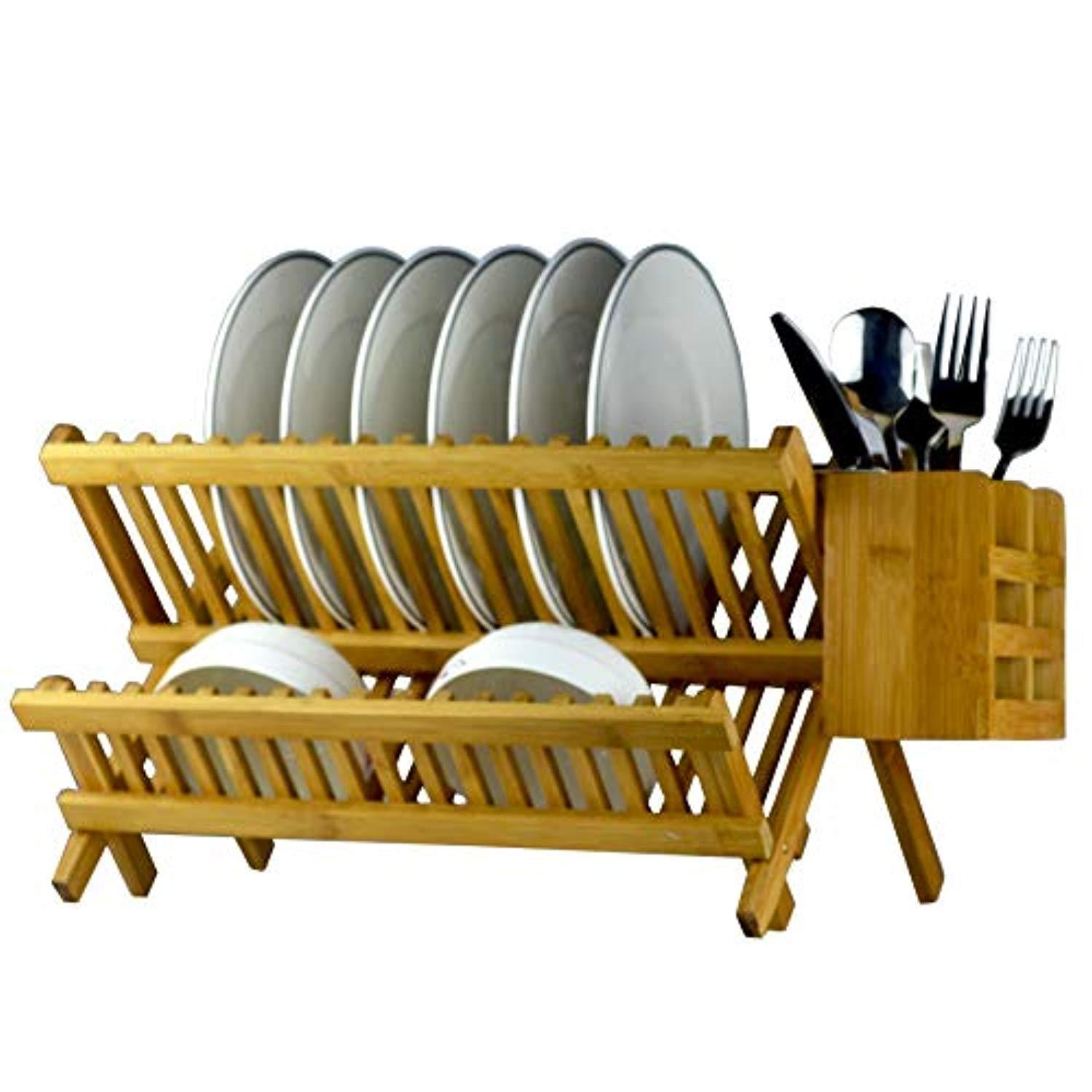 Oyydecor Bamboo Dish Rack 2-Tier Collapsible Drainer Folding Wooden Dish Drying rack with Utensils Flatware Holder set Home Cabinet, 18 Slots