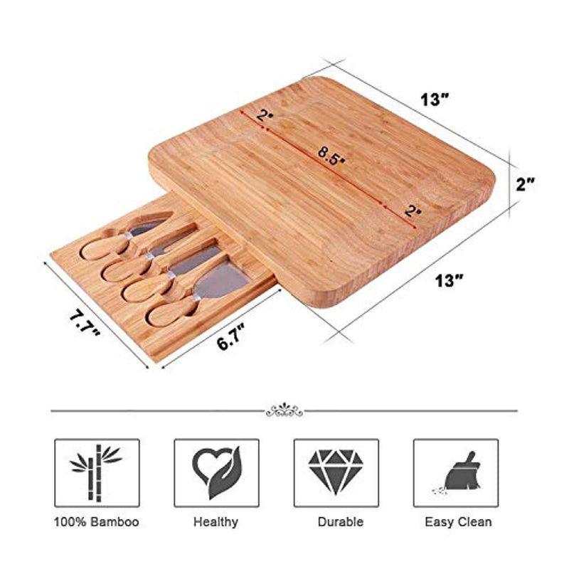 Multi-functional Cheese Board, Serving Tray for Wine, Crackers, Brie and Meat and 4 Stainless Steel Forks, Hidden Slide-out Drawer Beautiful Party Utensils (13" x 13" x 2")