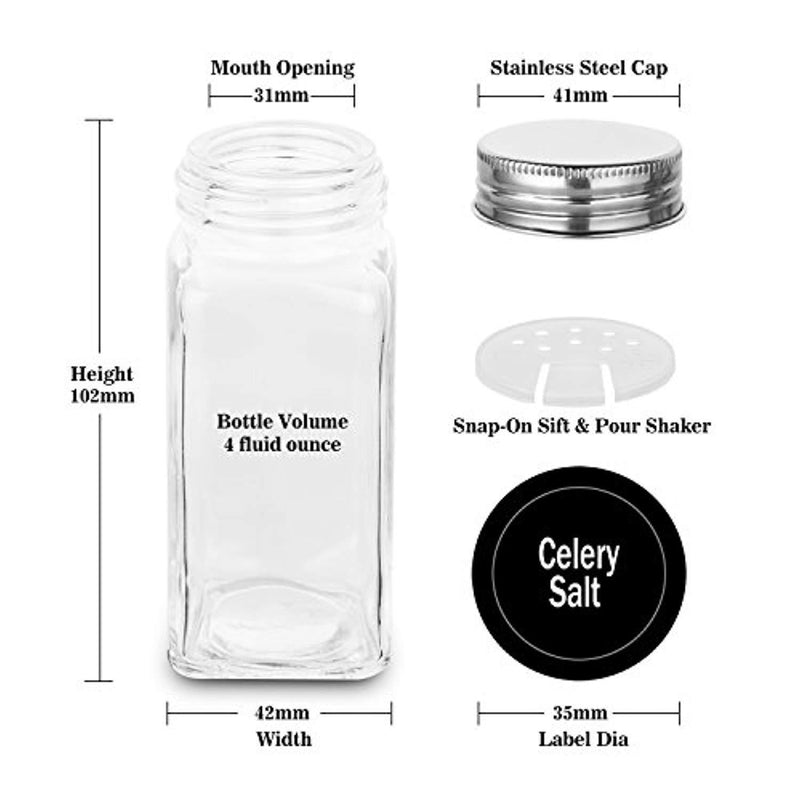 Aozita 24-piece Glass Spice Jars/Bottles [4oz] with Shaker Lids and Metal Caps - 612 Spice Labels and Silicone Collapsible Funnel Included