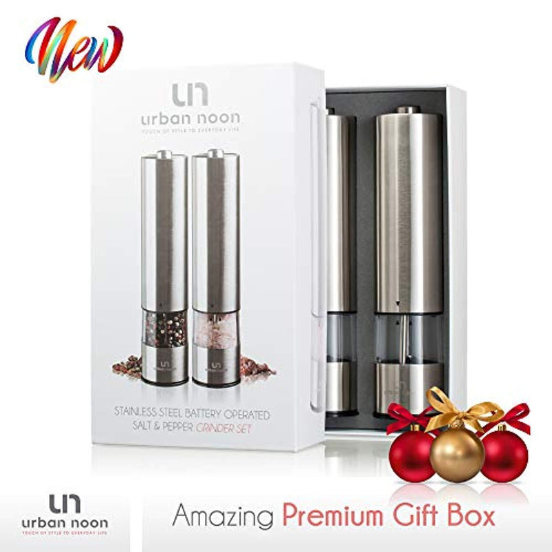 Electric Salt and Pepper Grinder Set - Battery Operated Stainless Steel Mill with Light (Pack of 2 Mills) - Electronic Adjustable Shakers - Ceramic Grinders - Automatic One Handed Operation