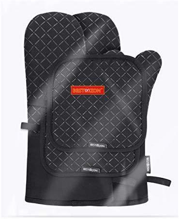 KES Kitchen Oven Mitts Set, Oven Mitts and Pot Holders, Heat Resistant with Quilted Cotton Lining, Non-Slip Surface 4 Pieces for Cooking, Baking, Grilling, Barbecue (Gray)