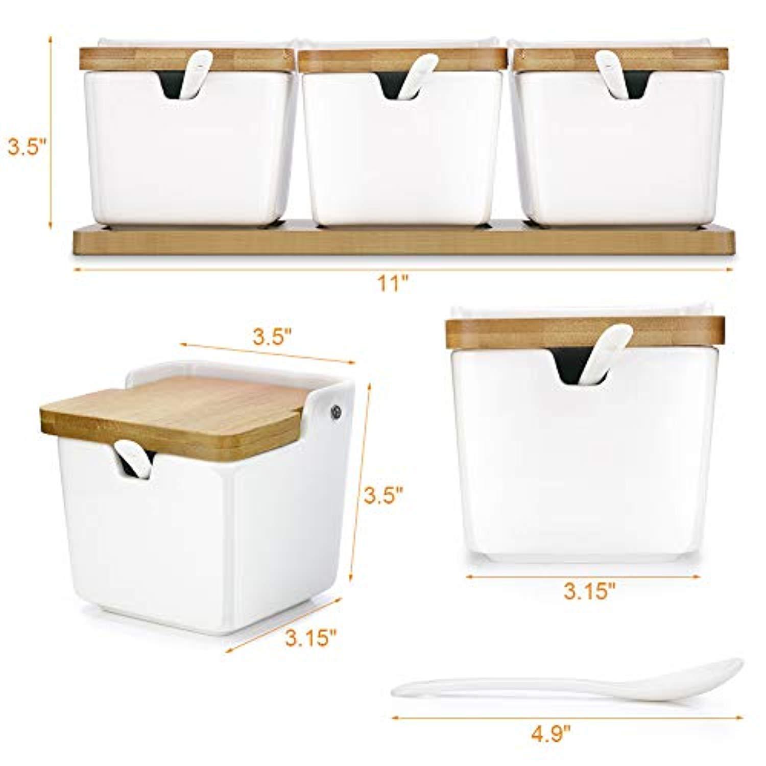 Ceramic Condiment Containers Spice Jars with spoon - Bamboo Spice Containers with Lids, Sugar Storage Container and Salt Seasoning Box for Kitchen and Home, White, 250ML (8.54OZ), Set of 3