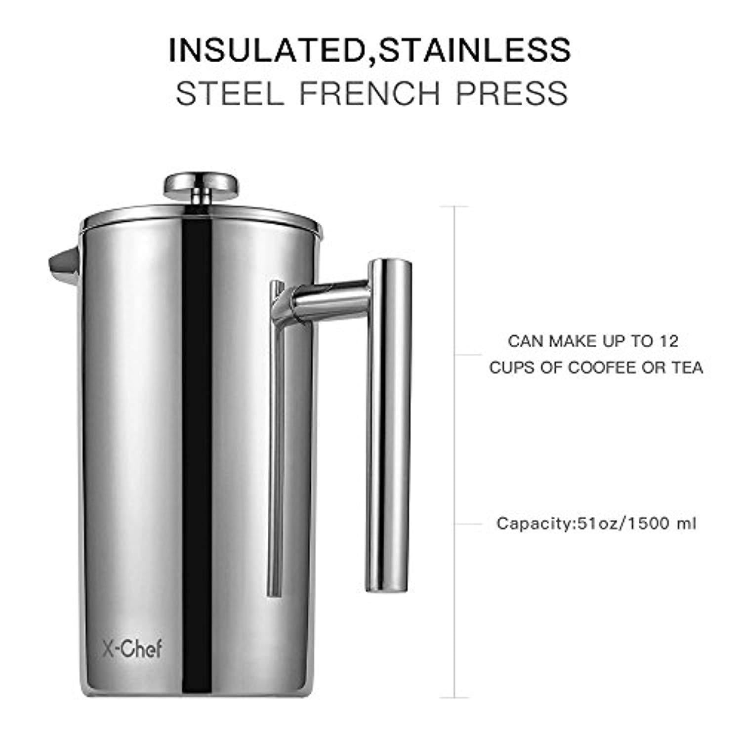 X-Chef Stainless Steel French Press, Large Espresso Coffee Maker-Double Filter, Vacuum Insulated for Home Office Camping 51oz/1500ML, 12 Cups