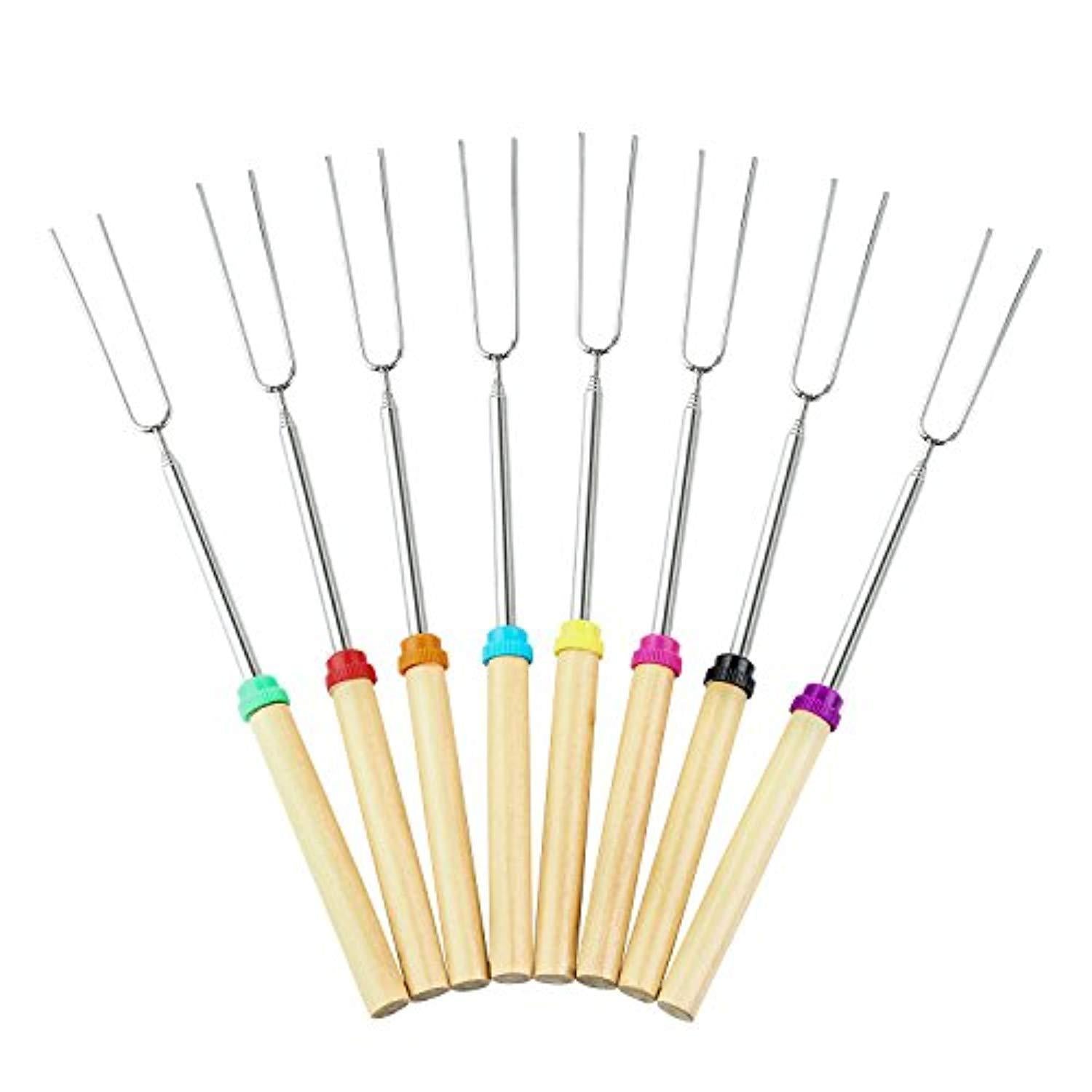 Sachelio Marshmallows BBQ Sticks Stainless Steel Retractable Wood Handle 32-inch Portable Barbecue fork（Set of 8）