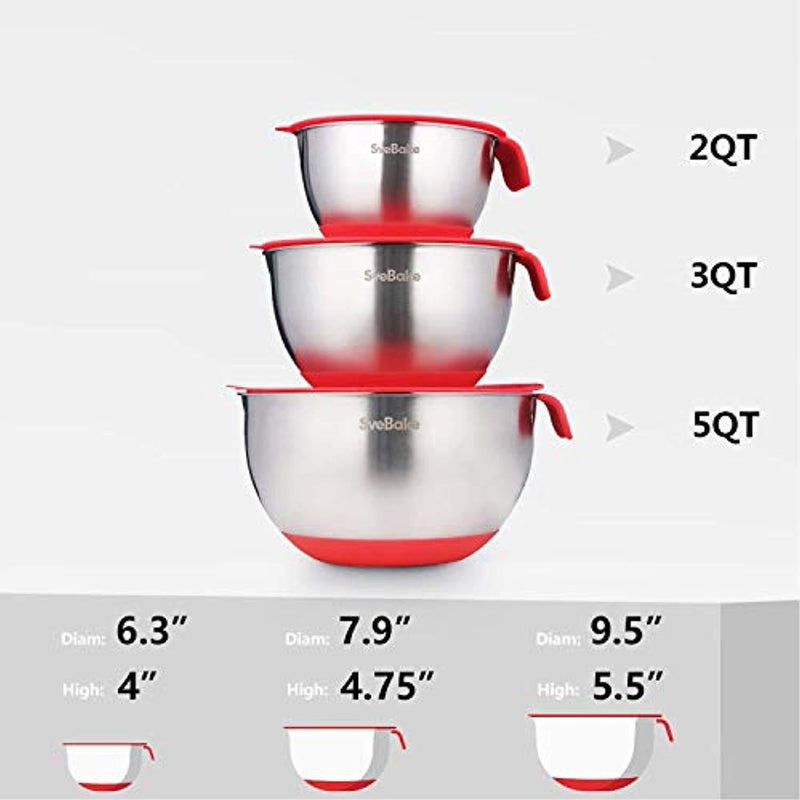 SveBake Mixing Bowls - Stainless Steel Mixing Bowl Set with Handles, Pour Spouts, Non-Slip Base and Graters, Set of 3, Red