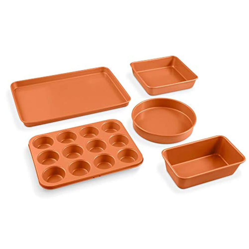 Gotham Steel 5 Piece Complete Copper Nonstick Bakeware Set with Durable Ceramic Coating, Heavy Duty 0.8MM Gauge Dishwasher Safe, Includes XL Cookie Sheet, Muffin, Loaf Pan & Round Baking Tray