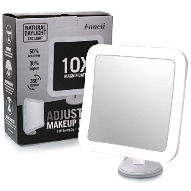 Fancii 10X Magnifying Lighted Makeup Mirror - Daylight LED Travel Vanity Mirror - Compact, Cordless, Locking Suction, 6.5" Wide, 360 Rotation, Portable Illuminated Bathroom Mirror (Square)