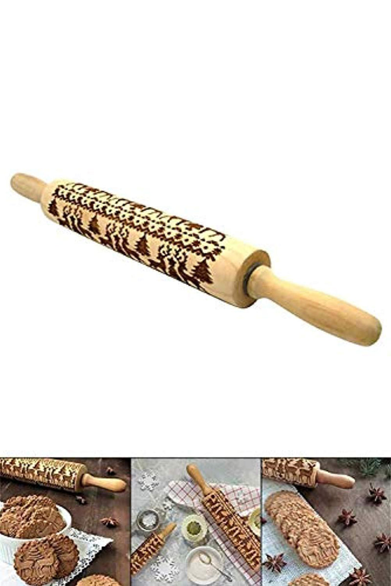 Christmas Rolling Pins with Pattern, Engraved Embossing Wooden Rolling Pin with Xmas Christmas Deer Pattern for Baking Embossed Cookies, Rolling Pin Kitchen Tool 17x2 inch (Brown)