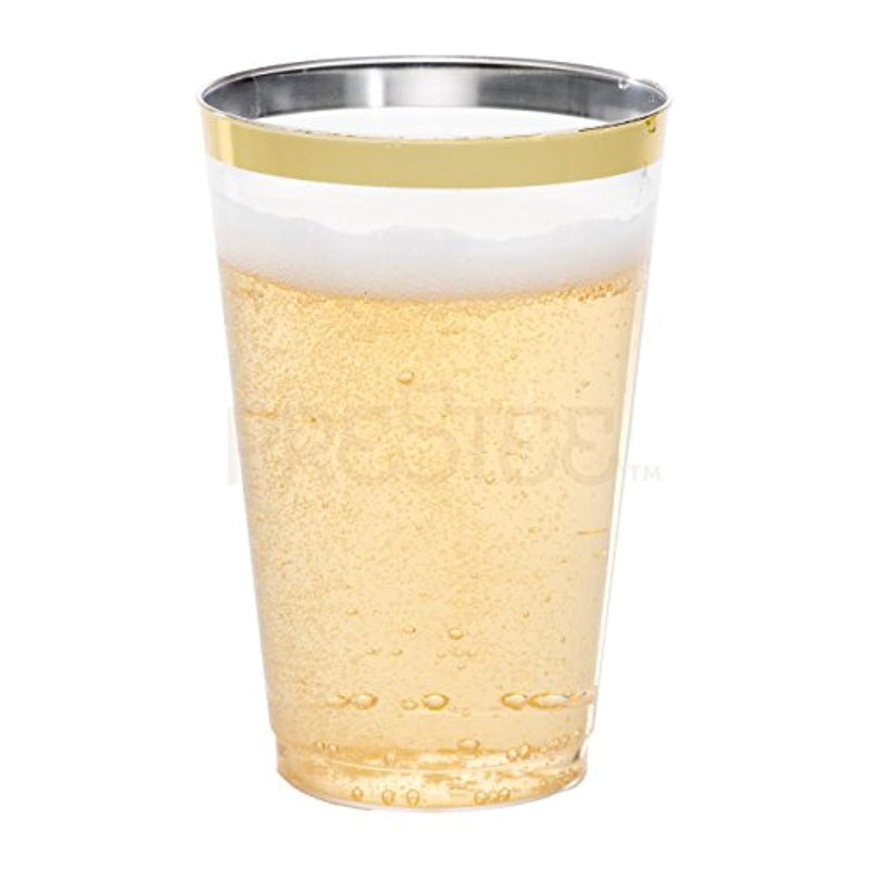 PRESTEE  DRINKET Gold Plastic Cups 14 oz Clear Plastic Cups / Tumblers Fancy Plastic Wedding Cups With Gold Rim 50 Ct Disposable For Party Holiday and Occasions SUPER VALUE PACK