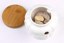 White Stoneware Garlic Keeper with Bamboo Lid and 12 Air Vent