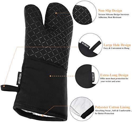 KES Kitchen Oven Mitts Set, Oven Mitts and Pot Holders, Heat Resistant with Quilted Cotton Lining, Non-Slip Surface 4 Pieces for Cooking, Baking, Grilling, Barbecue (Gray)