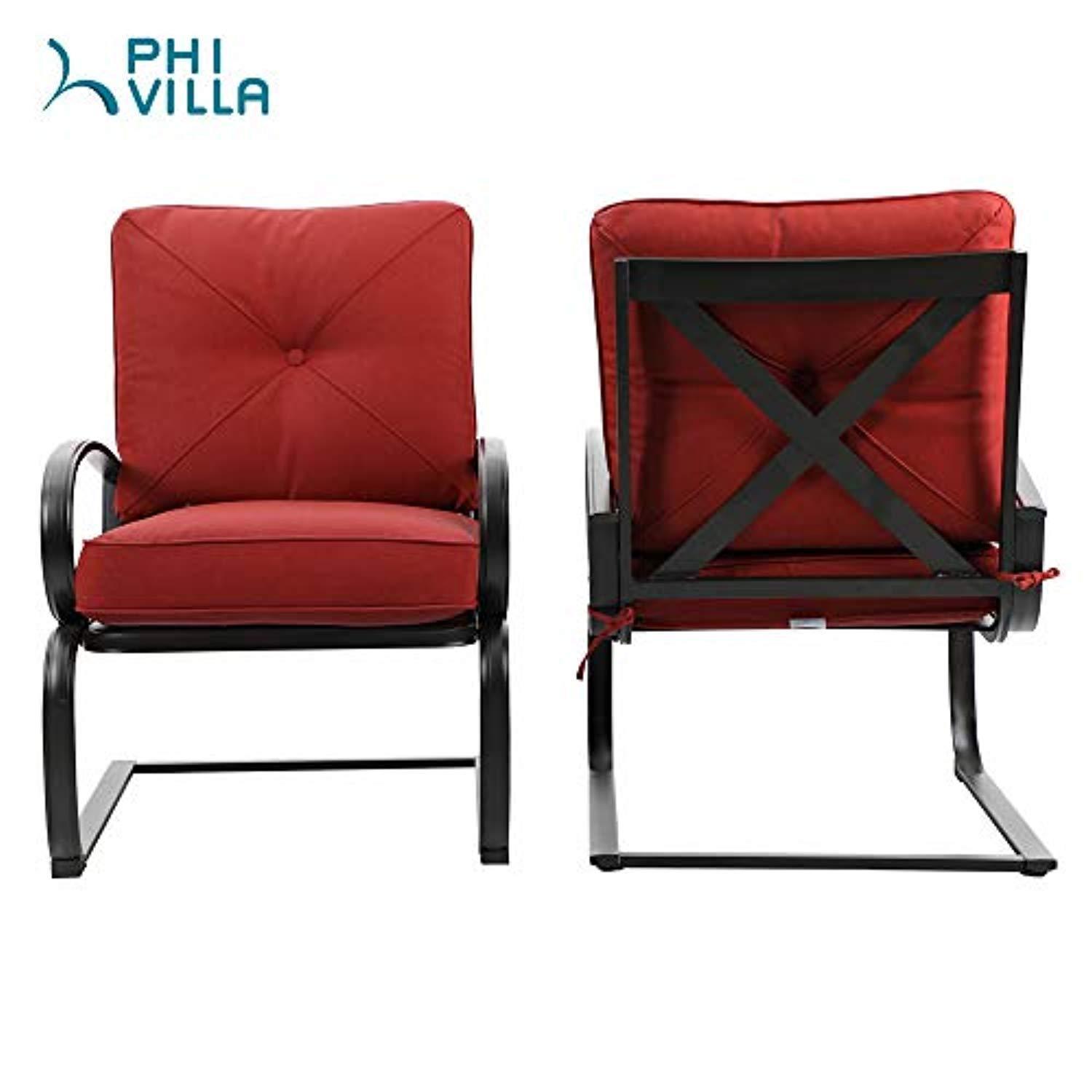 PHI VILLA Outdoor Springs Motion Chairs and Round Table Bistro Furniture Set with Red Cushioned Seats