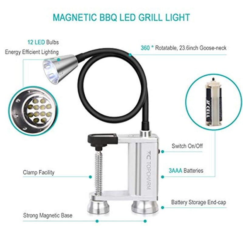 TOPCHARM BBQ Grill Light, 12 LED Super Bright Work Task Light with Magnetic Base, 360 Degree Rotation Flexible Gooseneck, Battery Powered Adjustable Screw Clamp for Barbecue Grilling