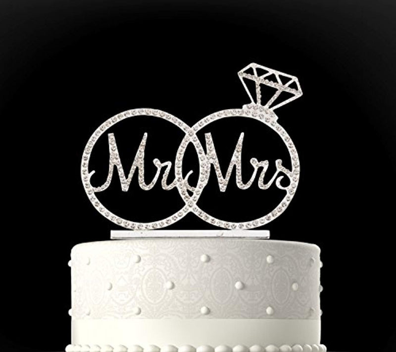 Rubies & Ribbons "Mr & Mrs" Silver Metal with Rhinestones Two Rings Bling Wedding Cake Topper Party Decoration with Gift Box